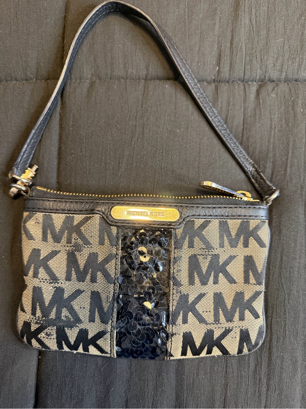 Michael Kors Black and Beige MK Logo Sequin Wristlet